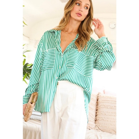 Haus of Bebe Rae Green striped boutique Striped Satin Blouse - Picture 3 of 5